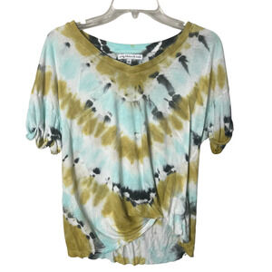 Young Fabulous & Broke -  Blue Olive Green Linen Blend Tie Dye Shirt Top Small
